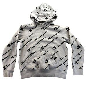 Champion Boys Hoodie Sweatshirt Large All Over Print Gray Fleece Pullover School